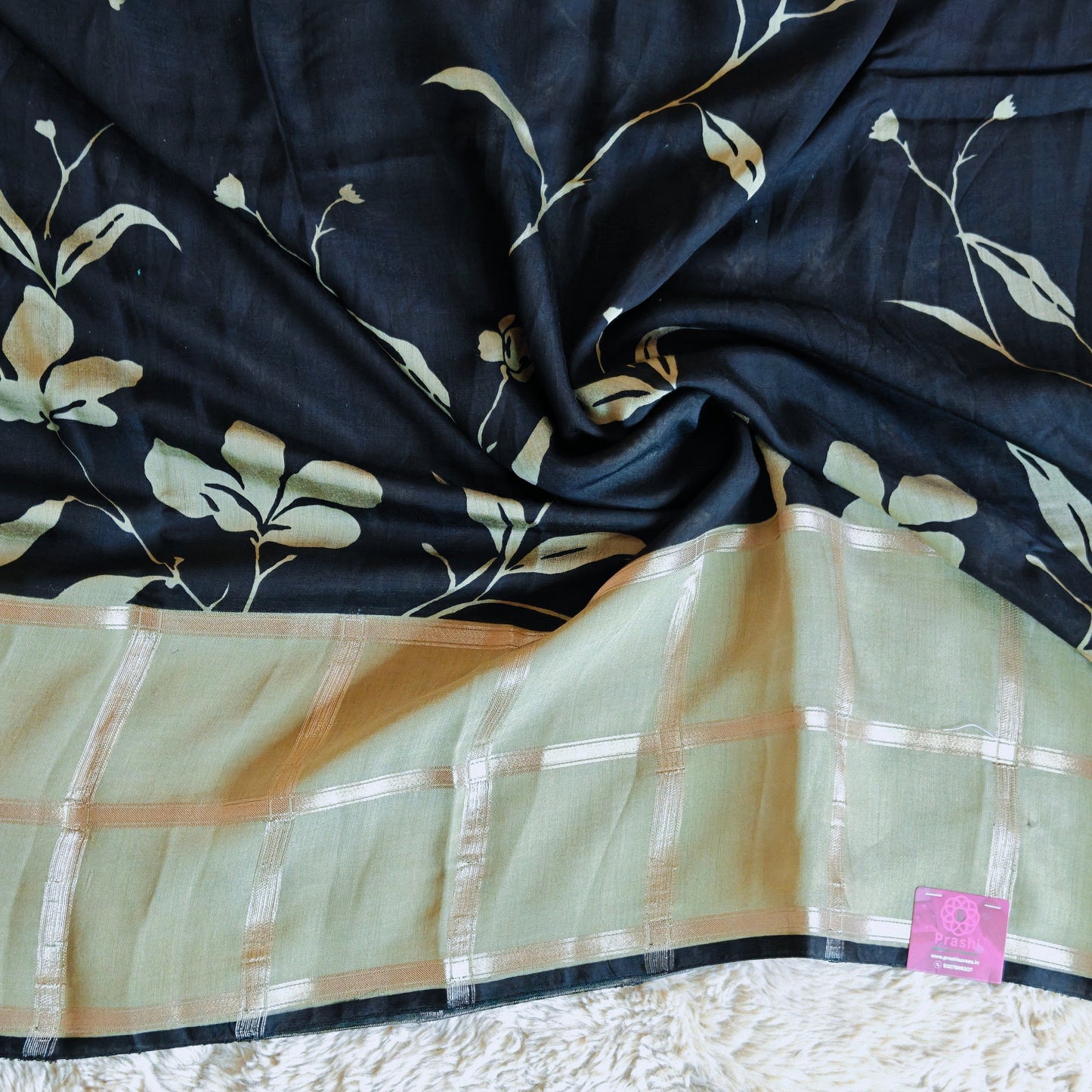 Black with pastel green Muslin saree