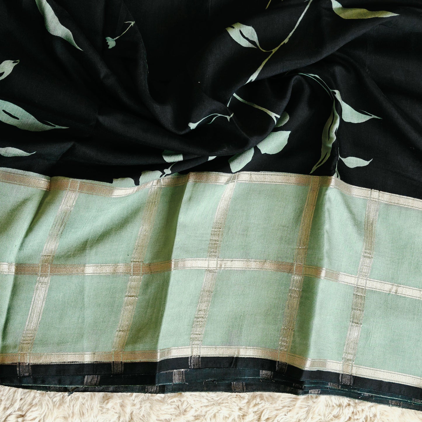 Black with sea blue Muslin saree