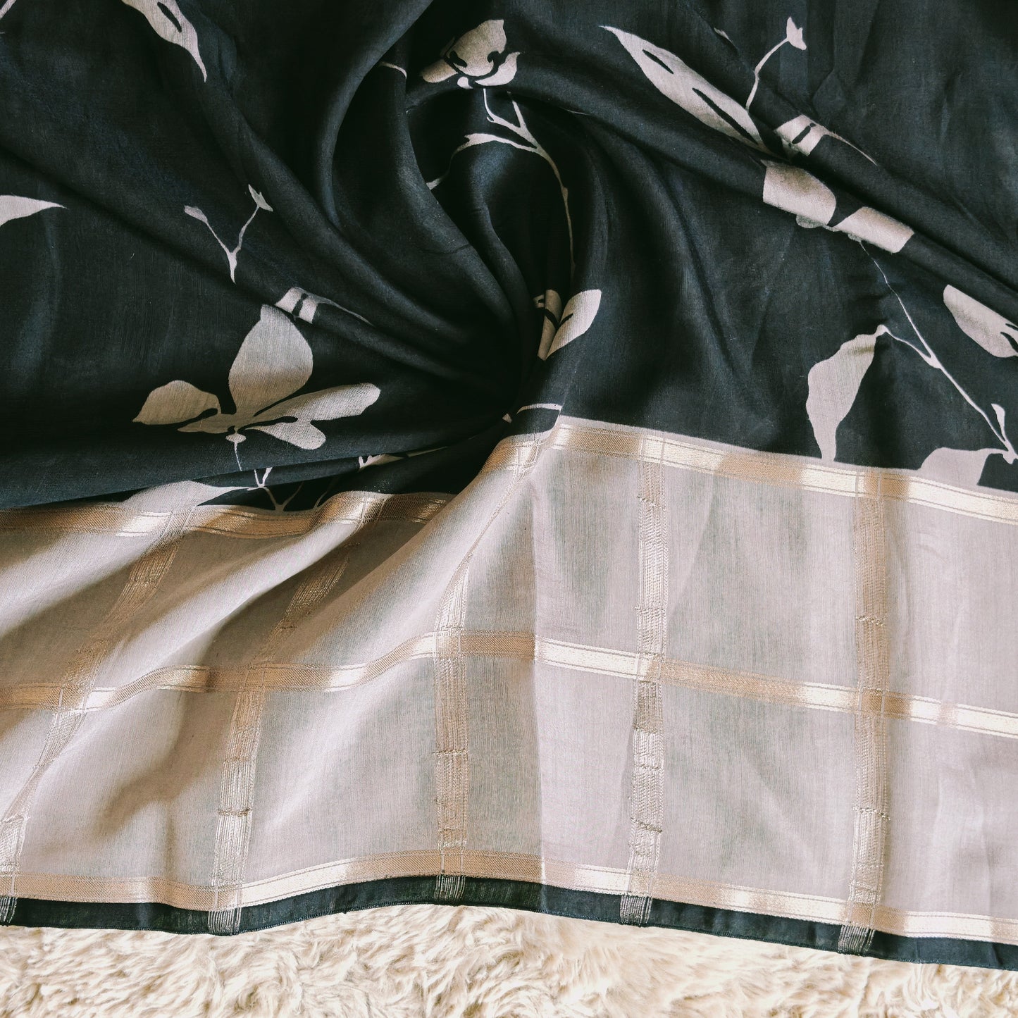Black with grey Muslin saree