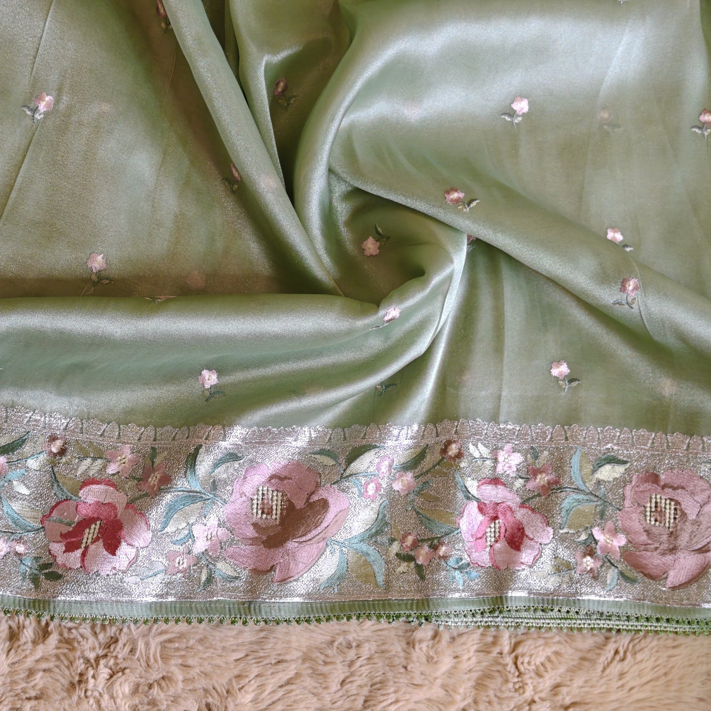 Pista green tissue silver embroidery saree