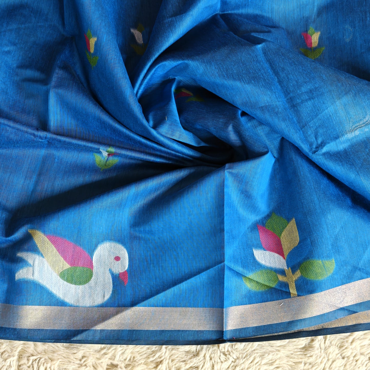 Blue chanderi jamdani with paithani pallu saree