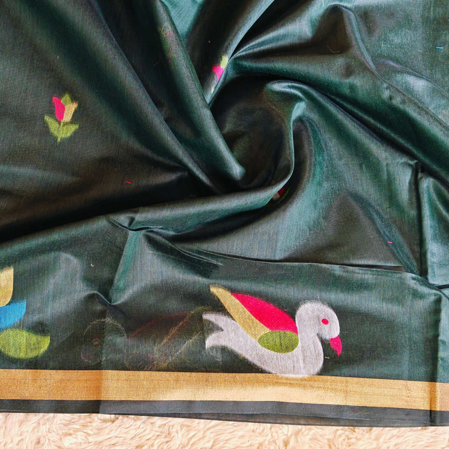 Green chanderi jamdeni with paithani pallu saree