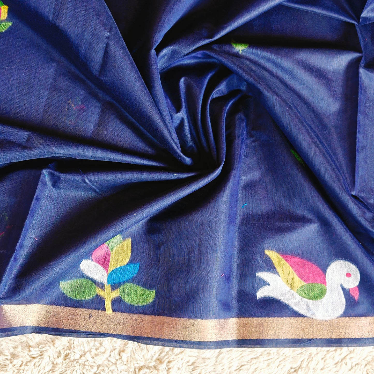 Dark blue chanderi jamdani with paithani pallu saree