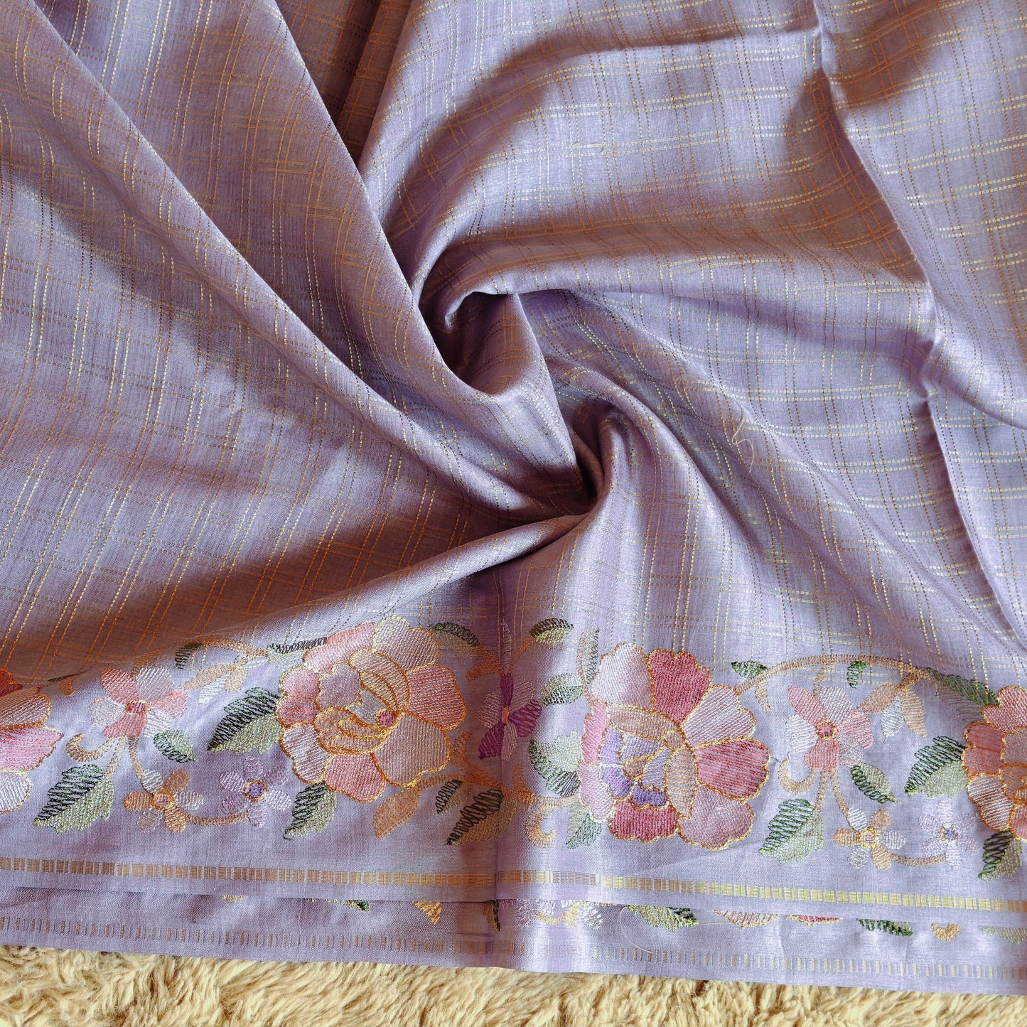 Lavender semi tussar checks embroidery saree