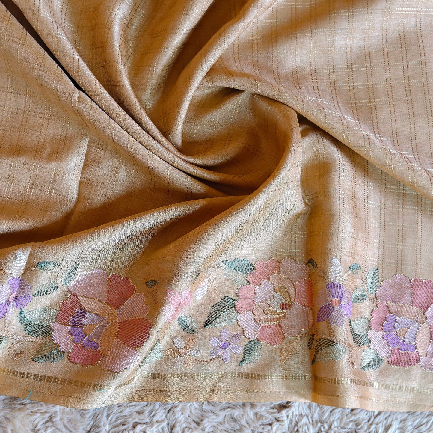 Cream semi tussar checks embroidery saree