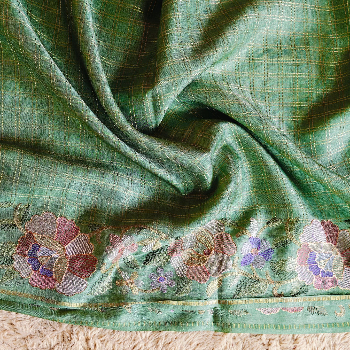 pastel green semi tussar checks embroidery saree