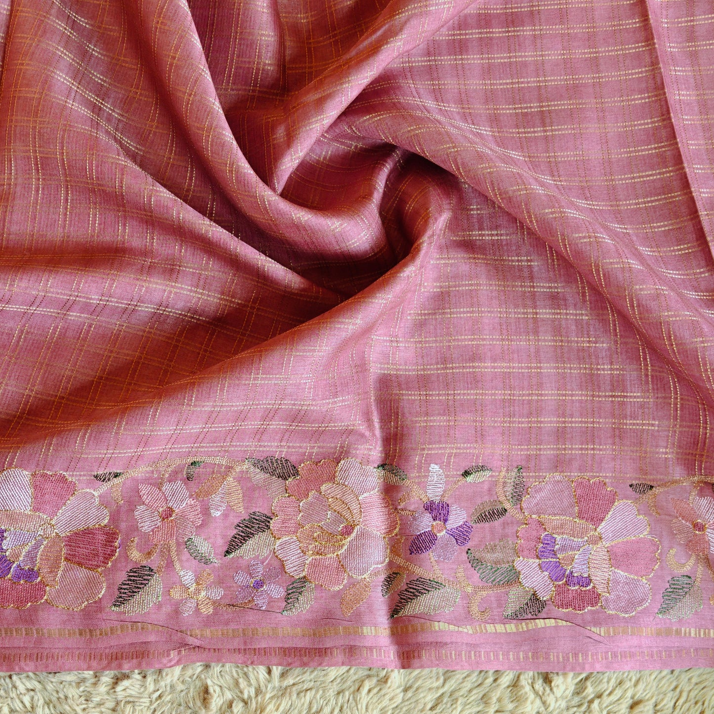 Onion pink semi tussar checks embroidery saree