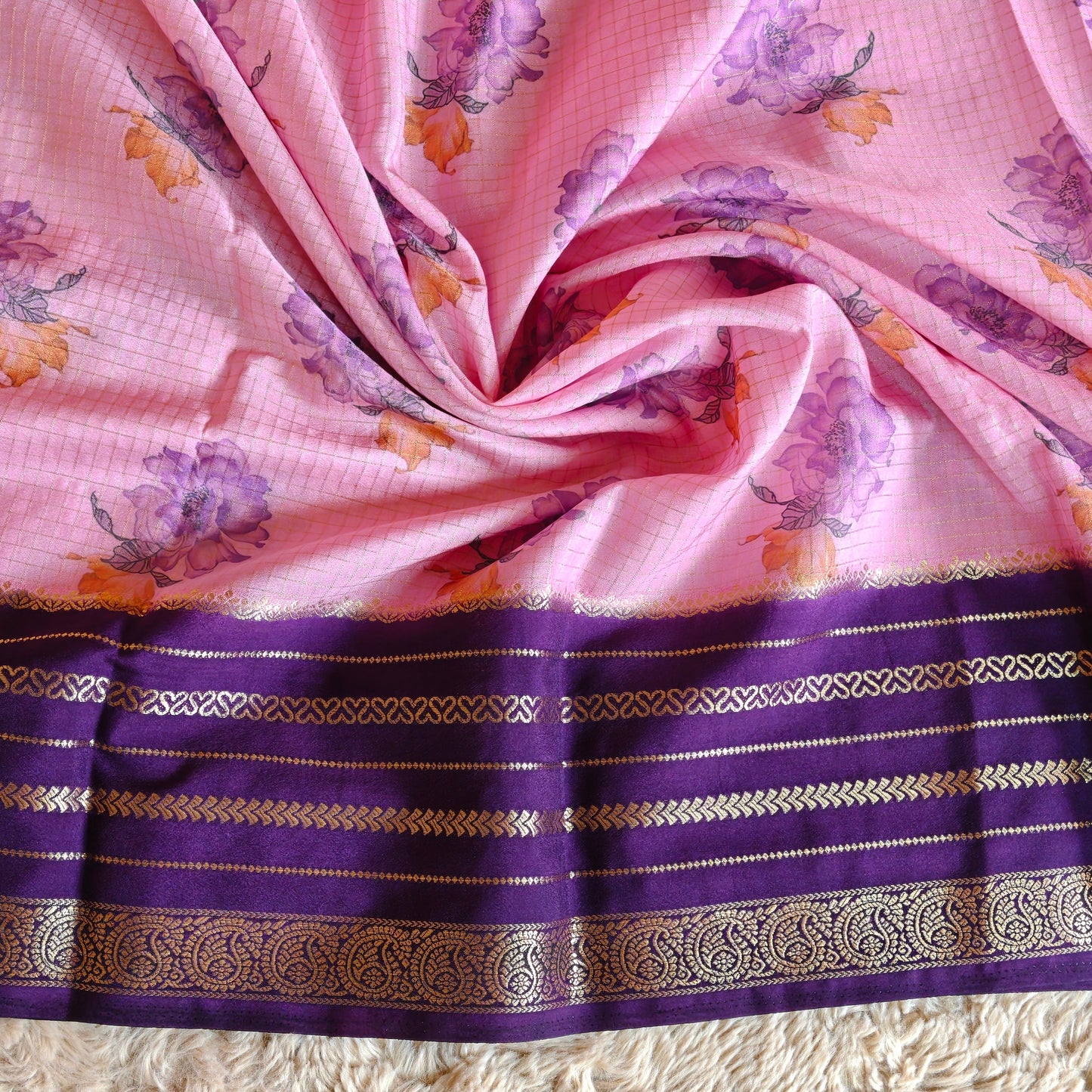 Baby pink semi mysore crepe kalamkari print