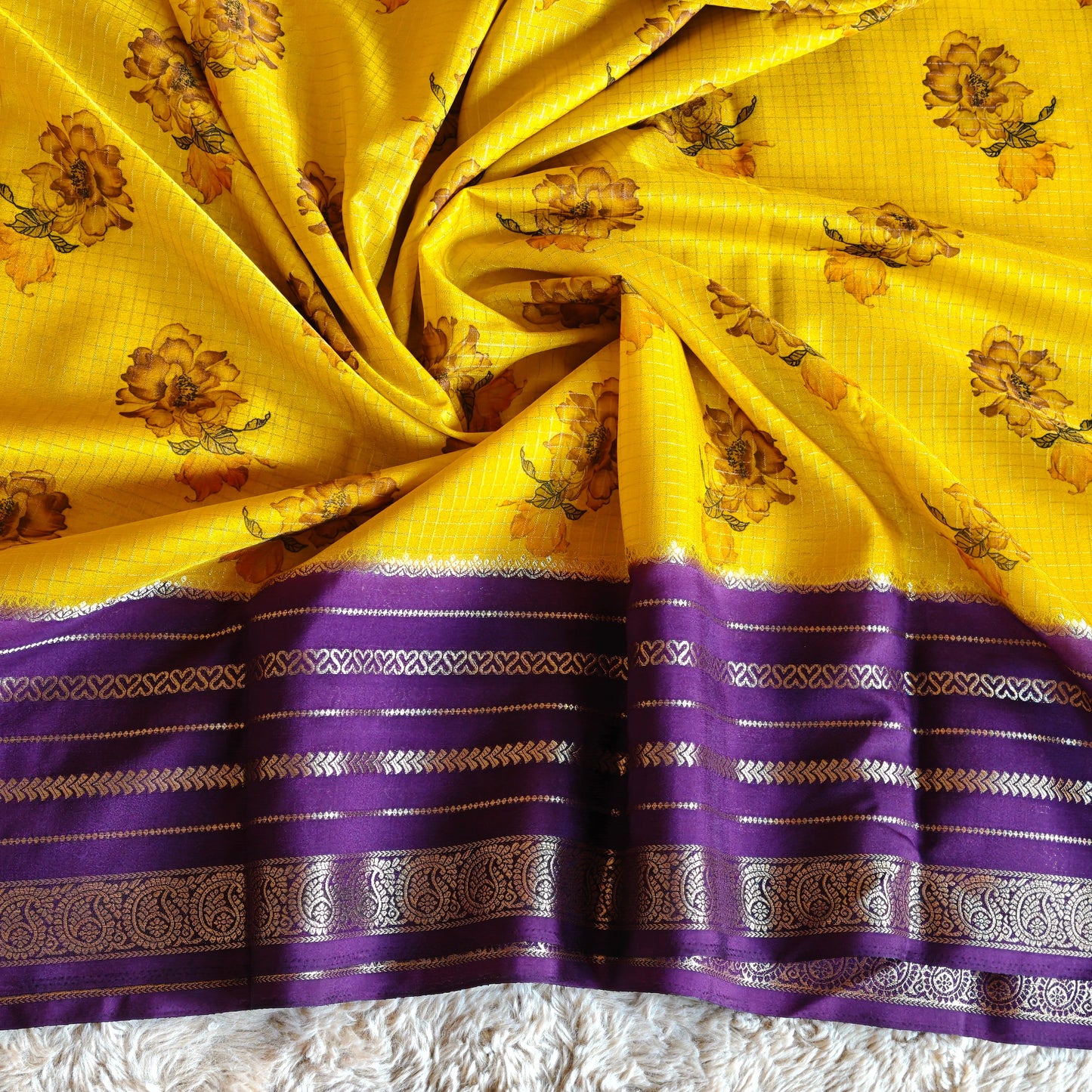 Yellow semi mysore crepe kalamkari print