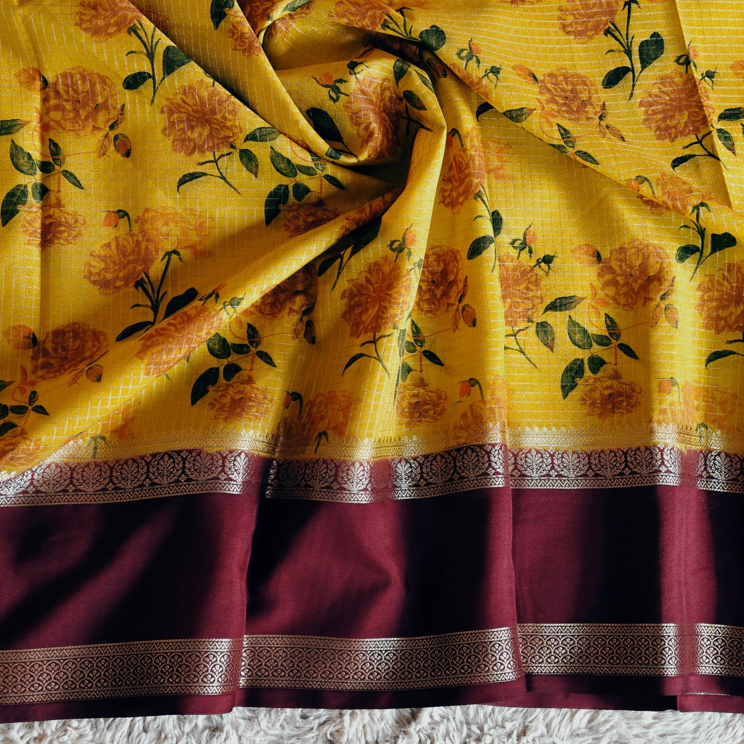 Yellow semi mysore crepe bentex kalamkari