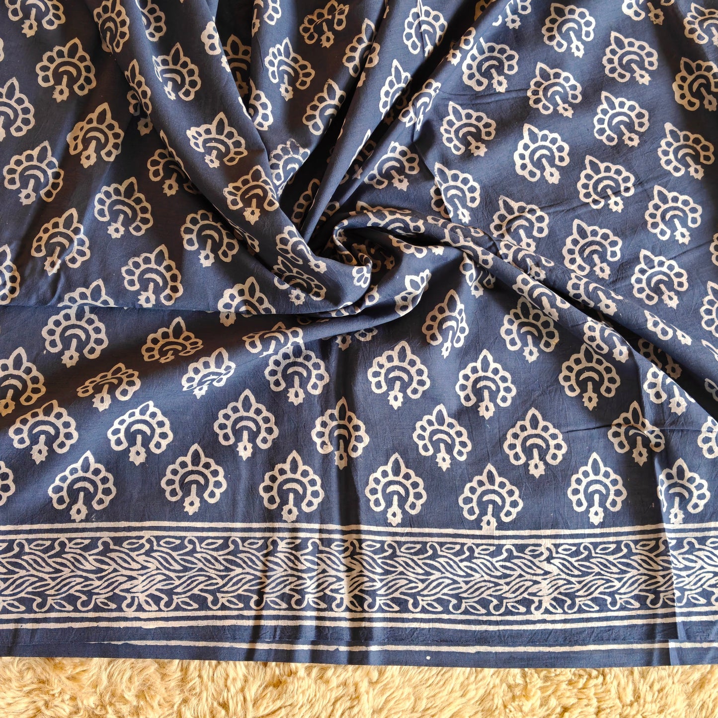 DARK GREY Ajrakh block printed mul cotton saree