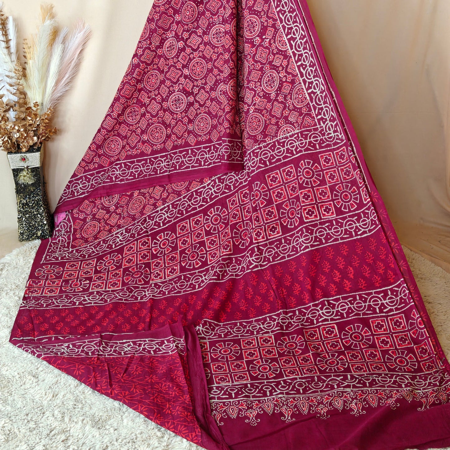 Magenta ajrakh block printed mul cotton saree
