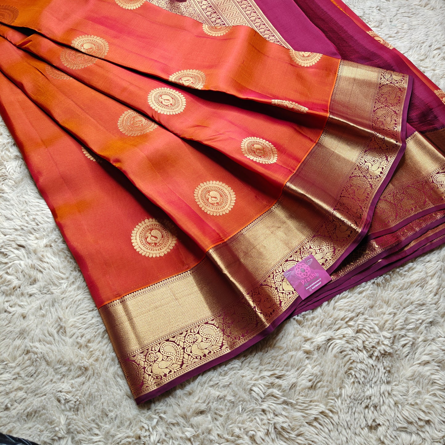 Rust orange pure silk kanchi butta saree