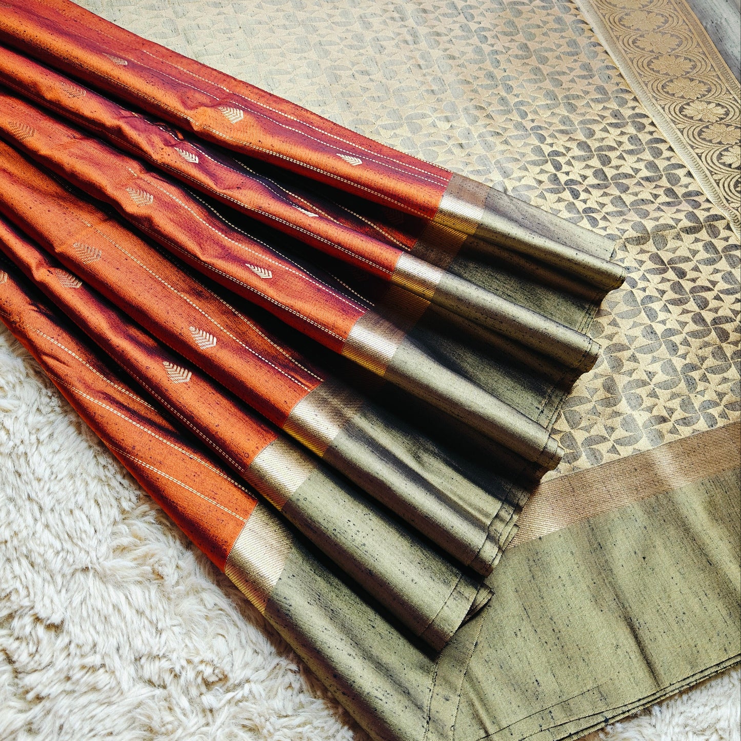 rust orange soft silk zari lines saree