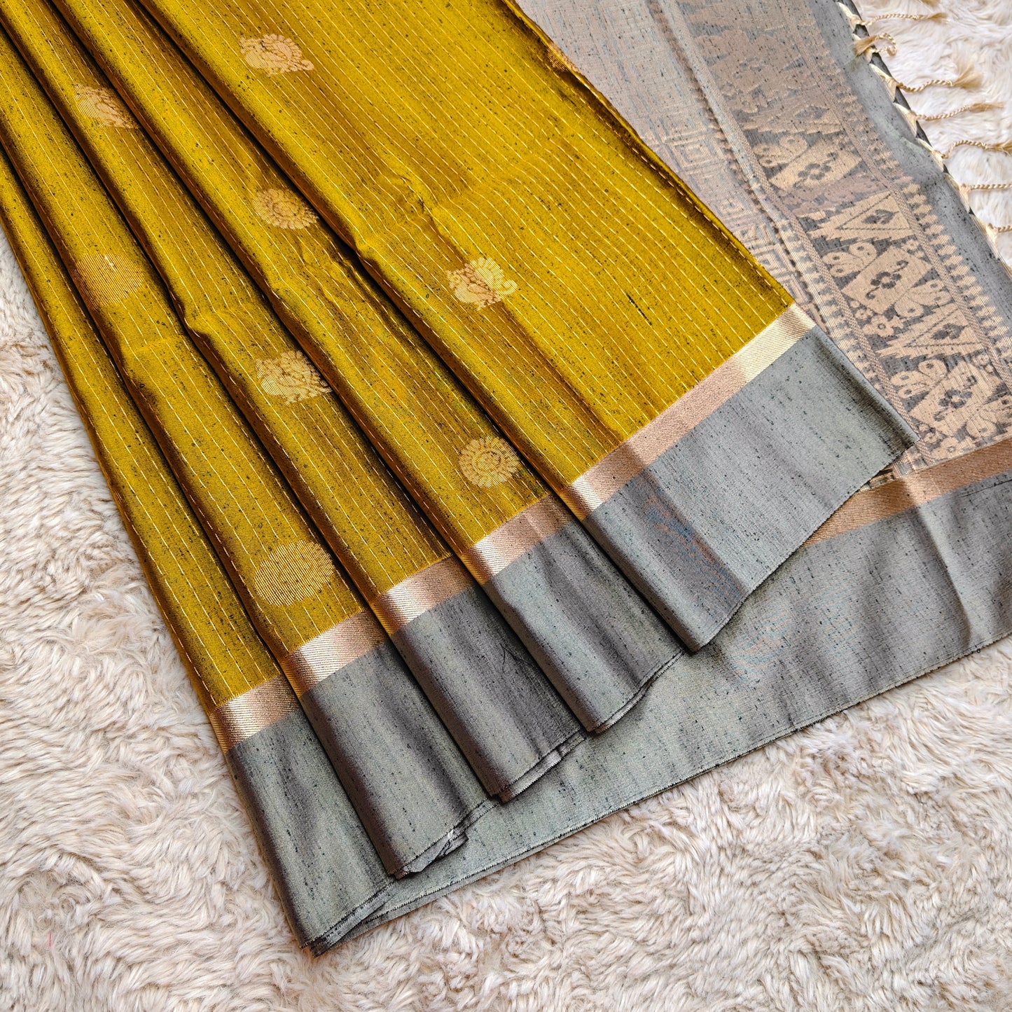 Mustared yellow soft silk zari lines saree