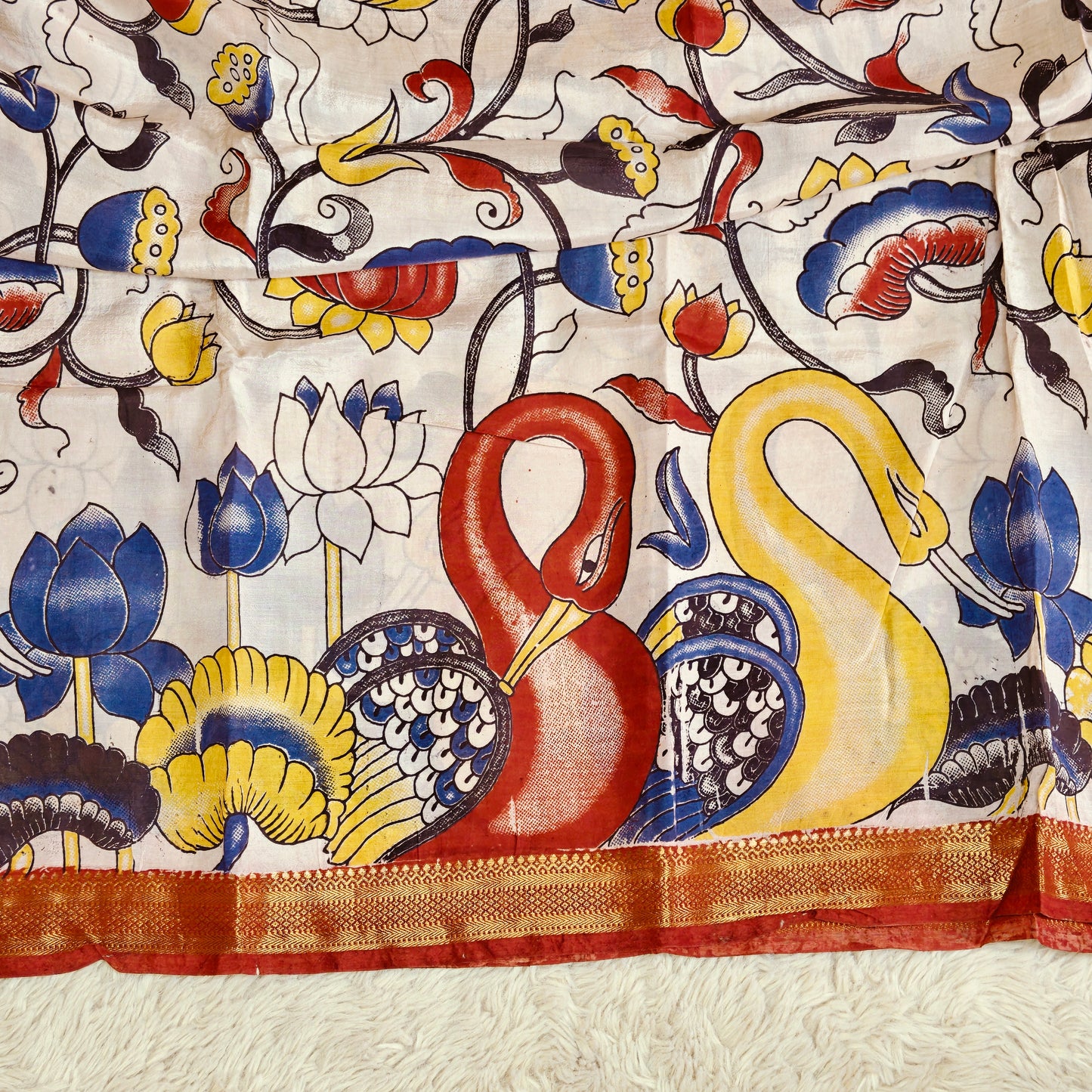 Half-white with red kalamkari silk saree