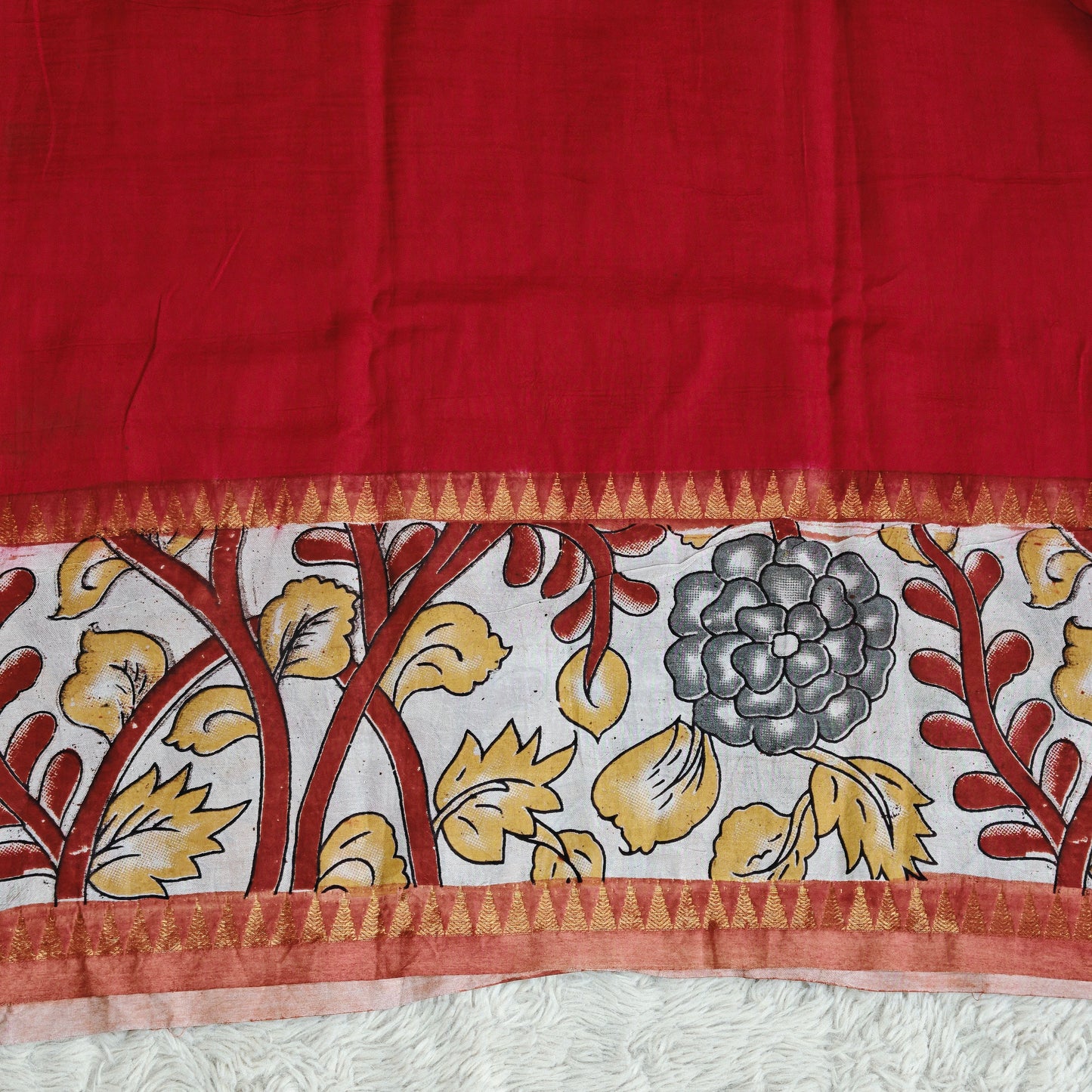 Red color chennur silk kalamkari gap border saree