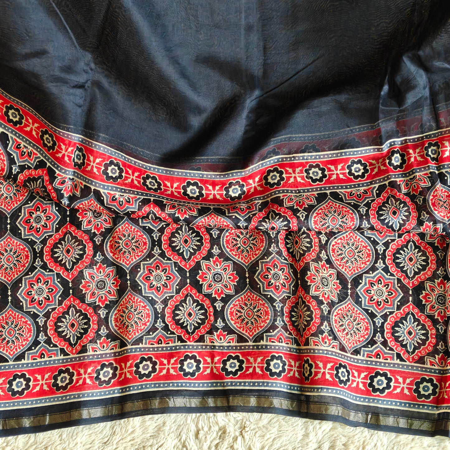 Black ajrakh handblock printed chanderi silk cotton saree