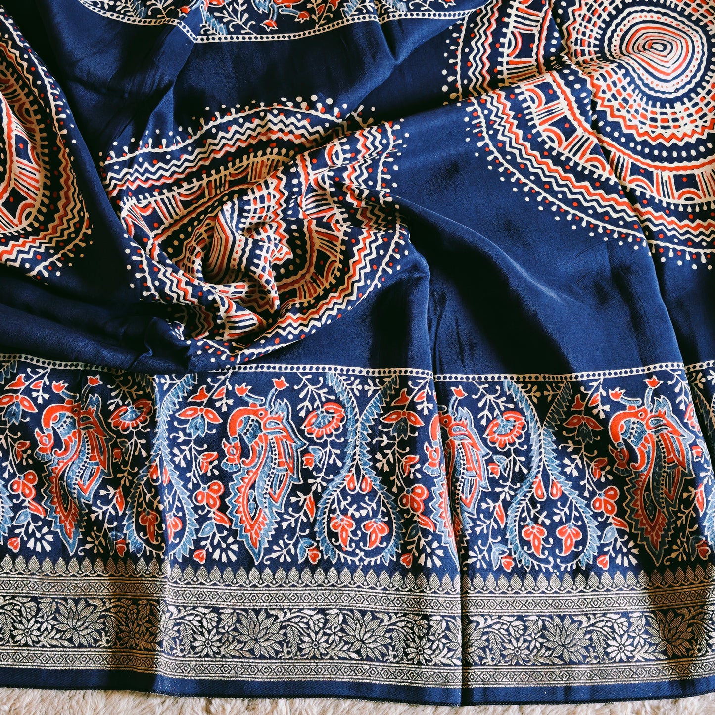 Navy blue ajrakh handblock printed dola silk saree