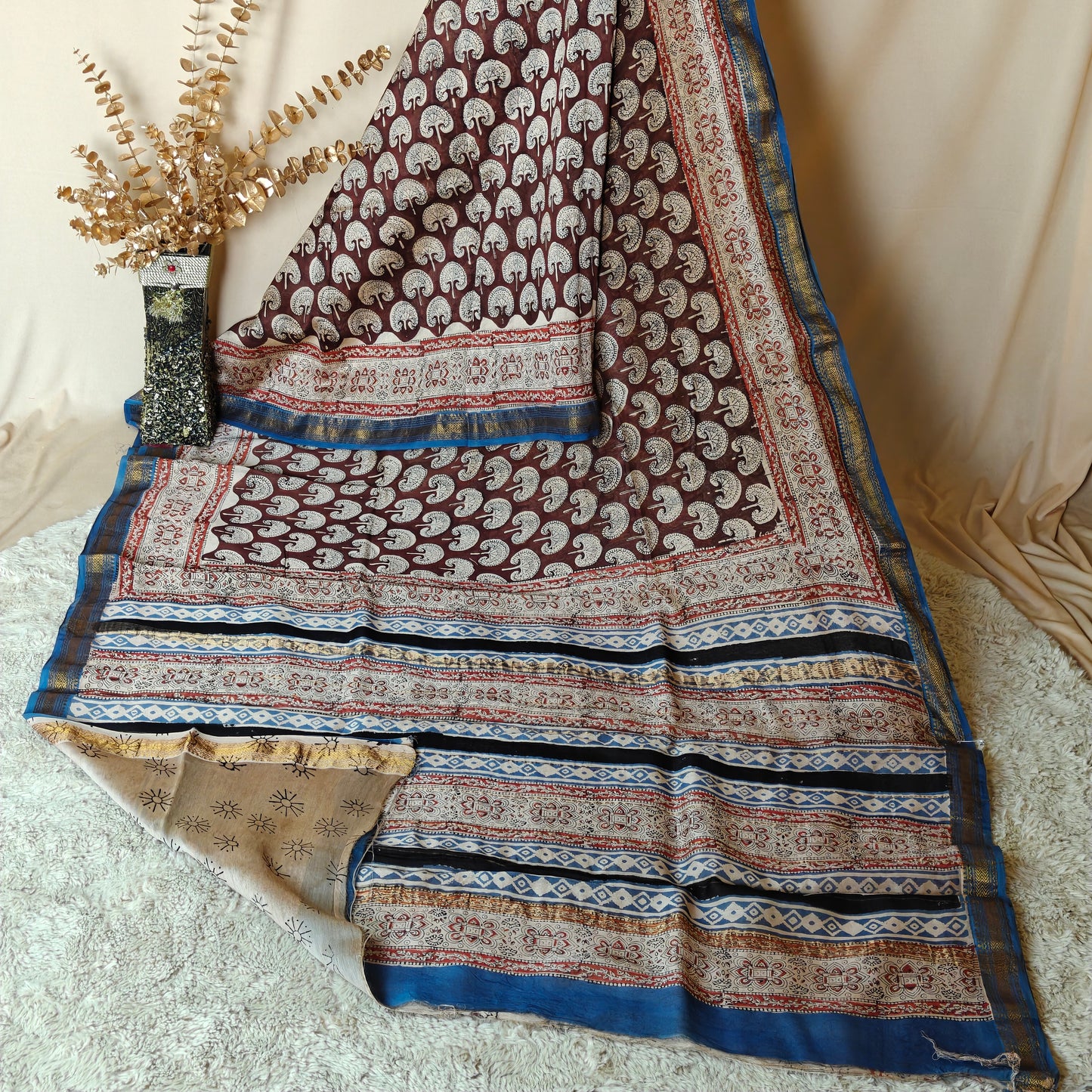 Brown ajrakh handblock printed pure maheshwari silk saree