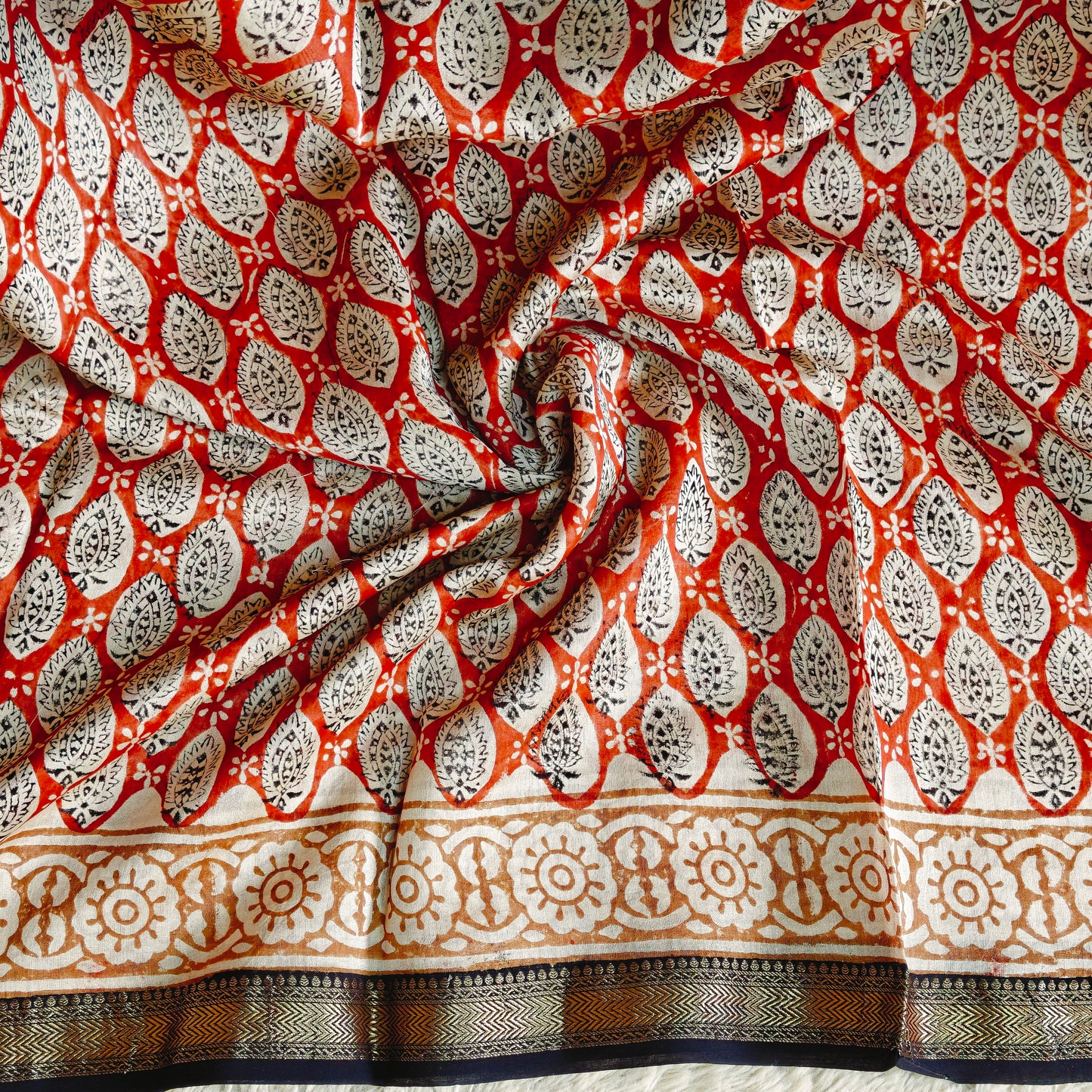 orange ajrakh handblock printed pure maheshwari silk saree