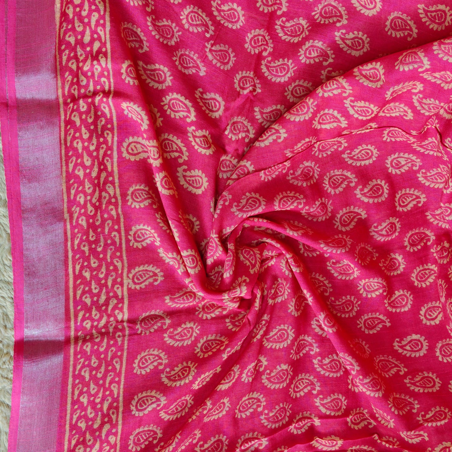 Dark pink pure linen handblock printed saree
