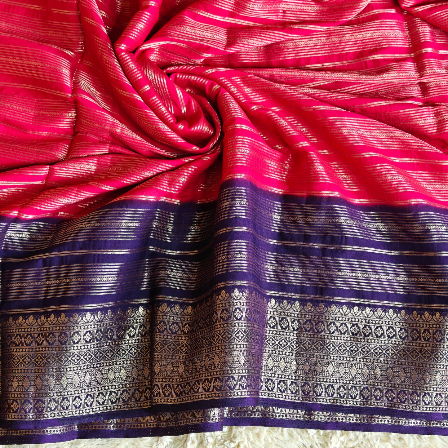 Pink and purple semi mysore crepe saree
