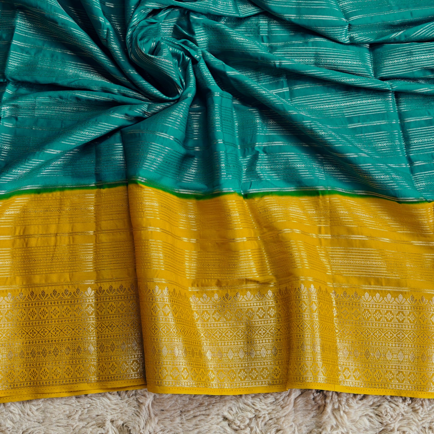 Rama green and yellow semi mysore crepe saree