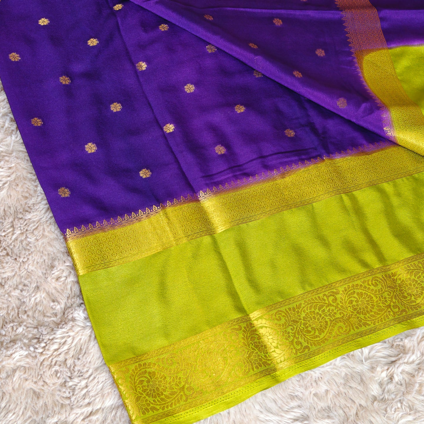 Purple with mehndi green semi mysore crepe butta saree