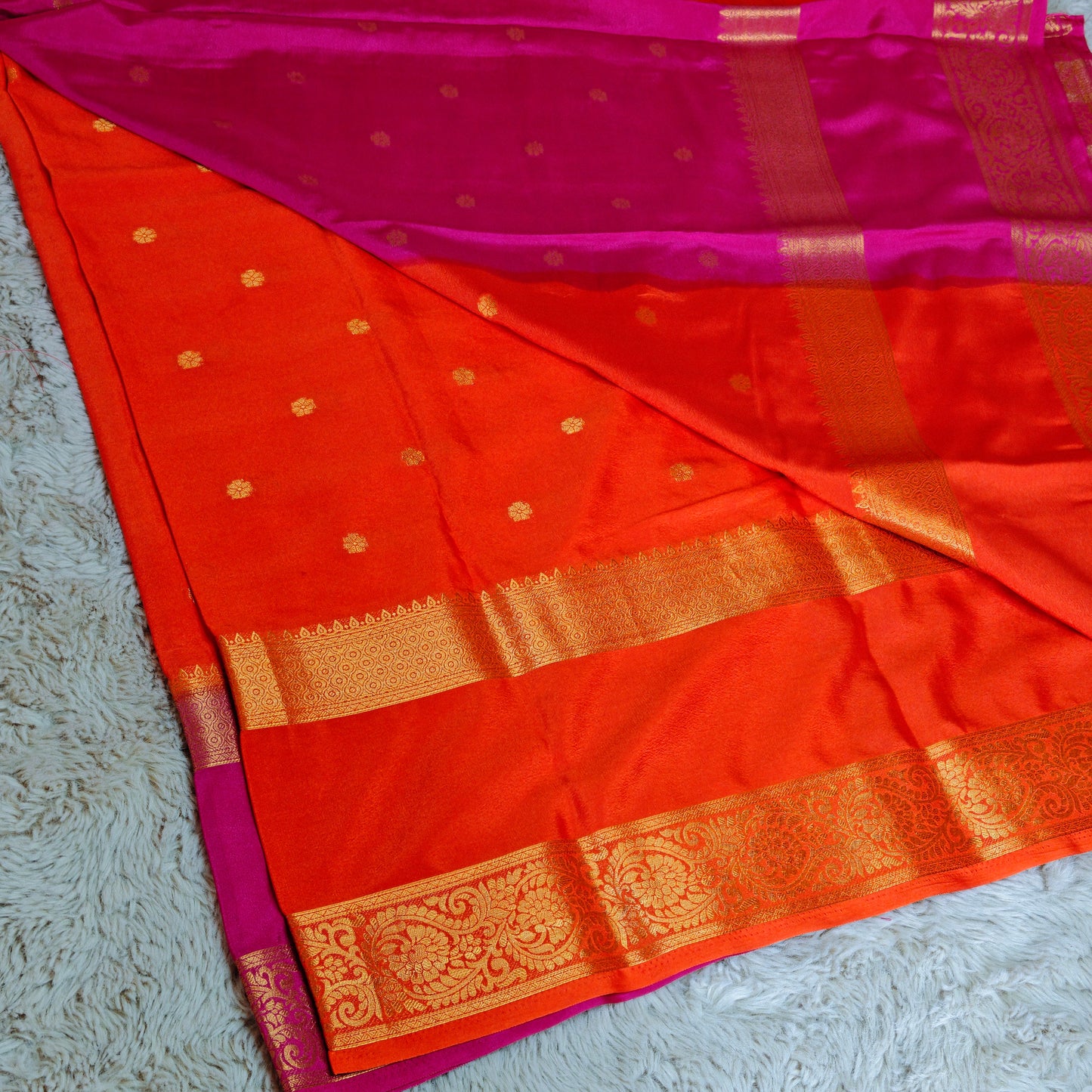 Orange with pink semi mysore crepe butta saree