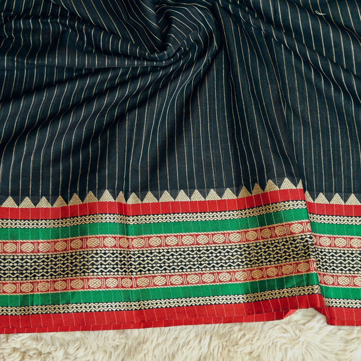 Black narayanpet cotton saree stripes design