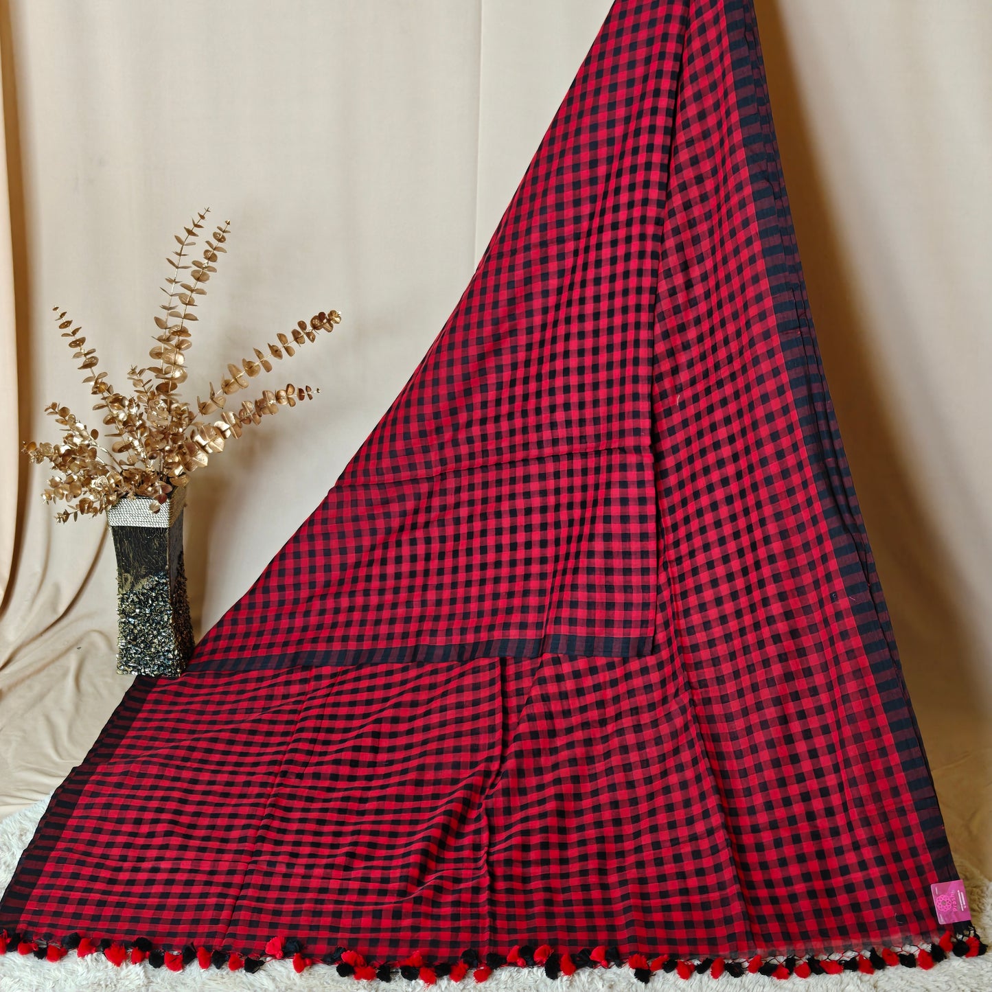 RED with black Handloom mul cotton checks saree