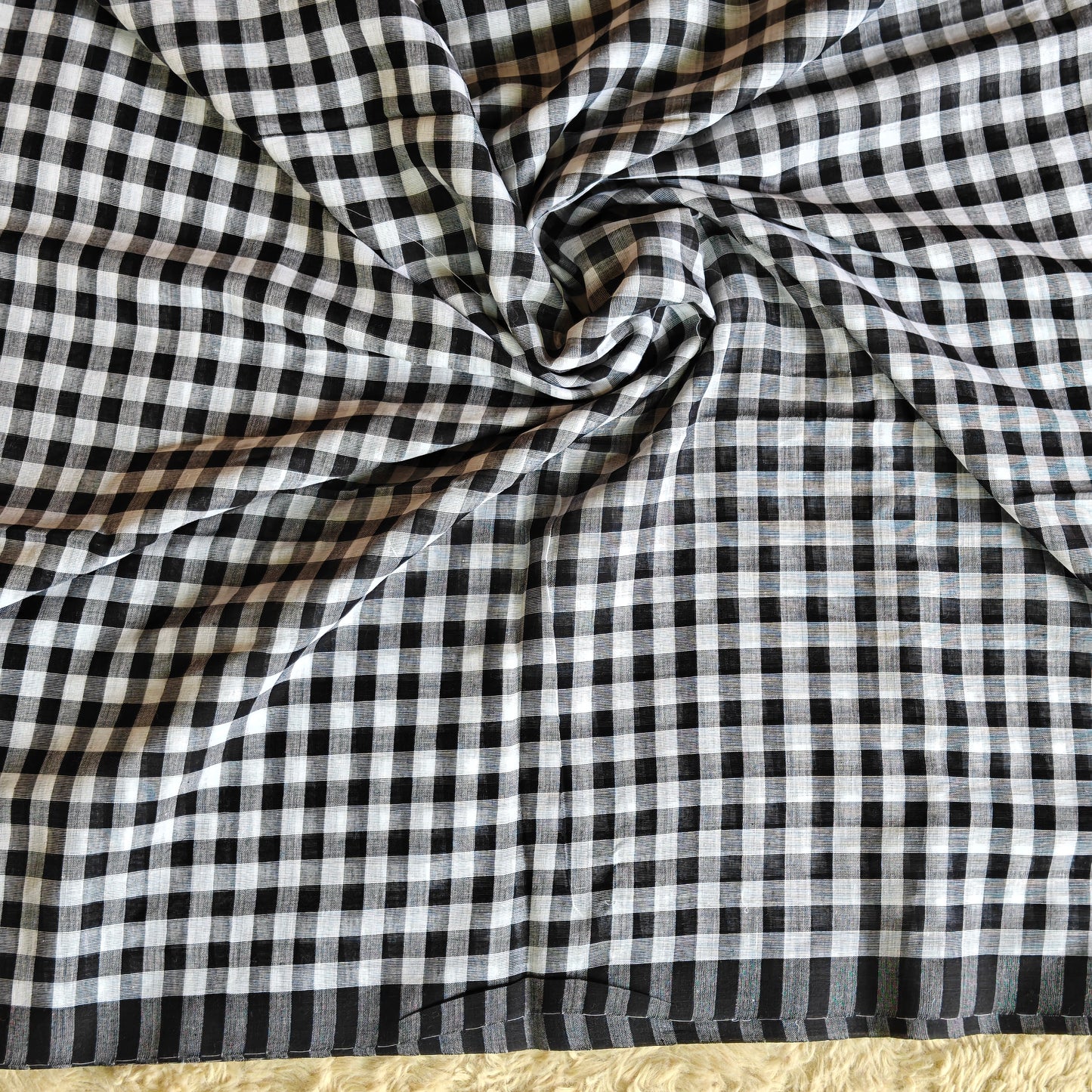 Black with white handloom mul cotton checks saree