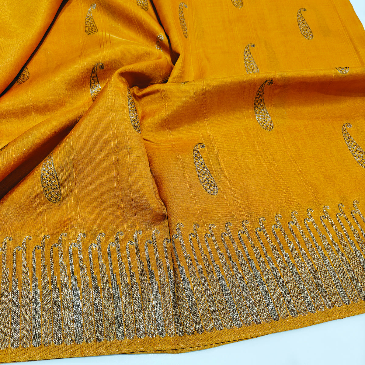 Mustard Yellow temple tussar saree