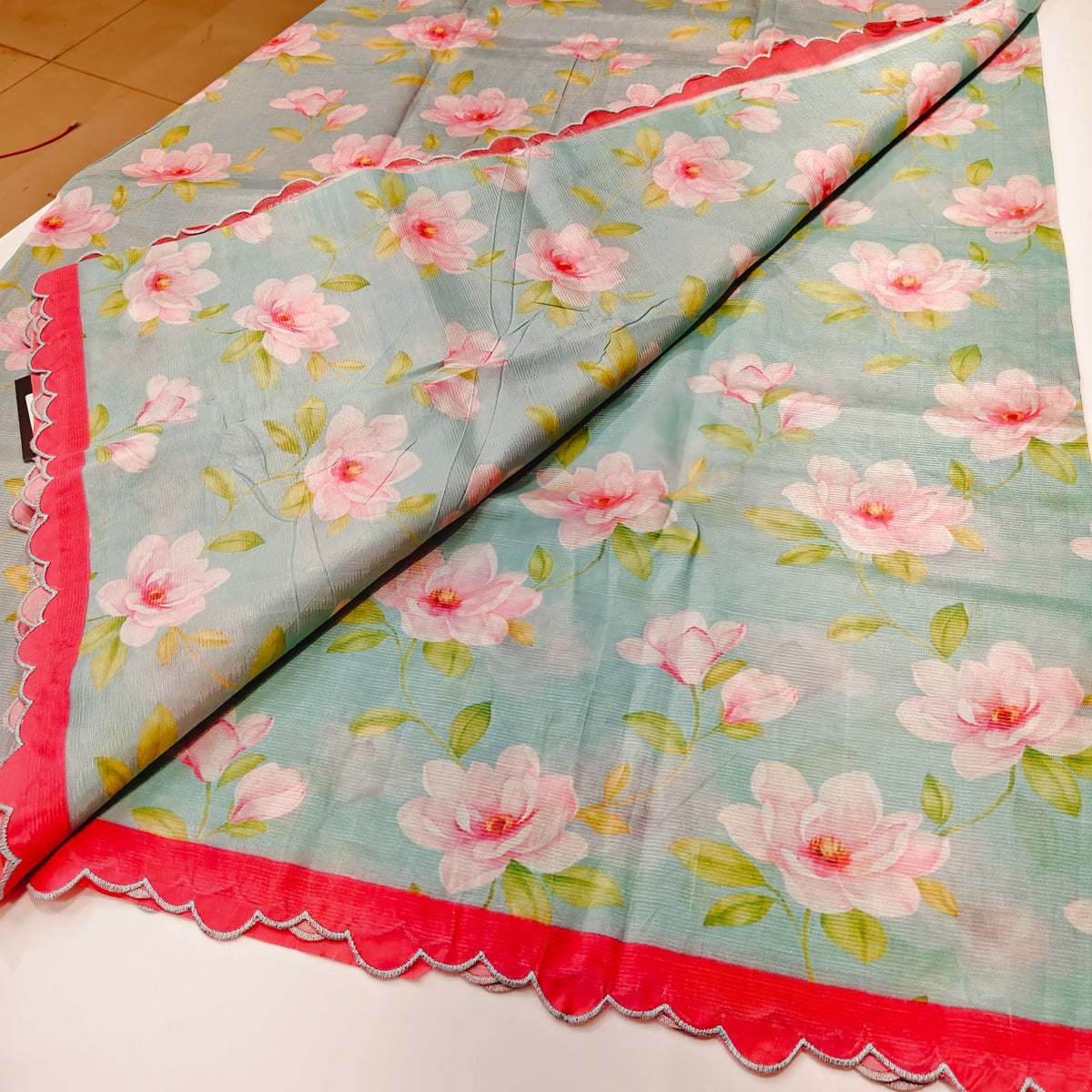 Sea green mangalagiri digital print scalop