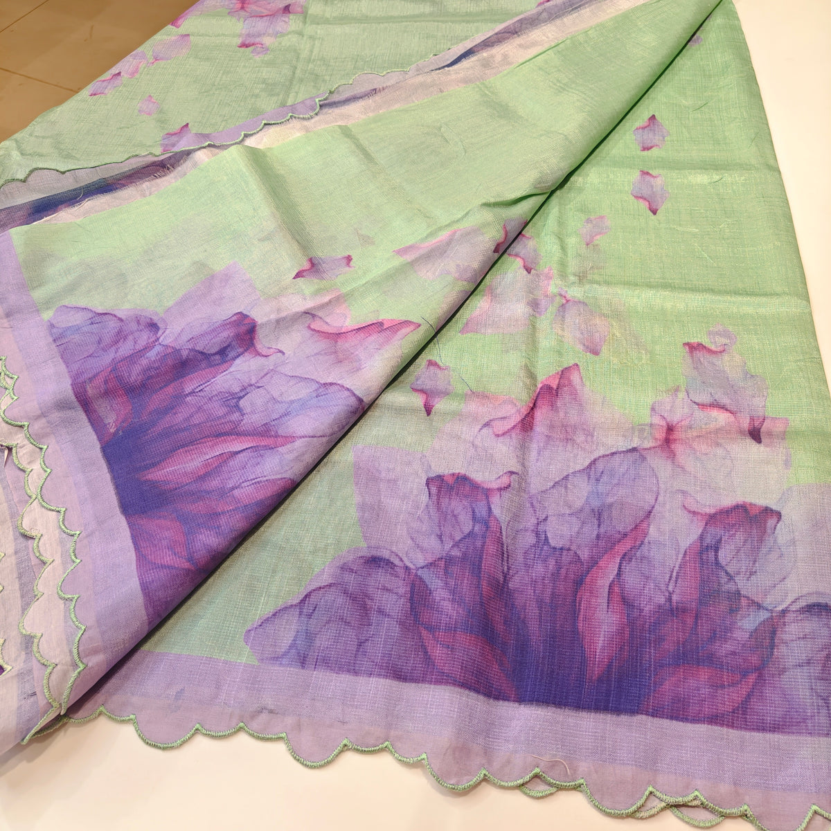 Sea green mangalagiri digital print scalop