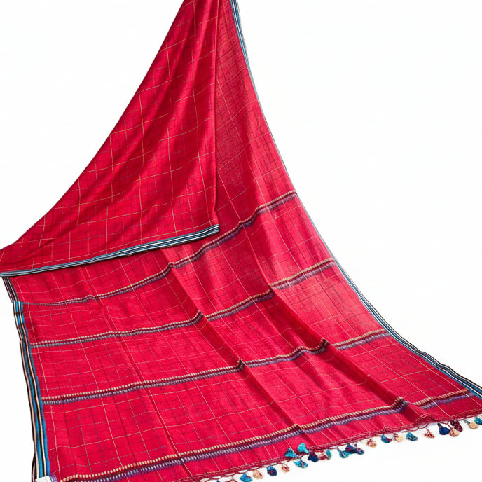 Red pure linen katha work saree