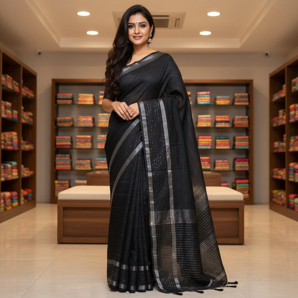 Black linen sequin work saree