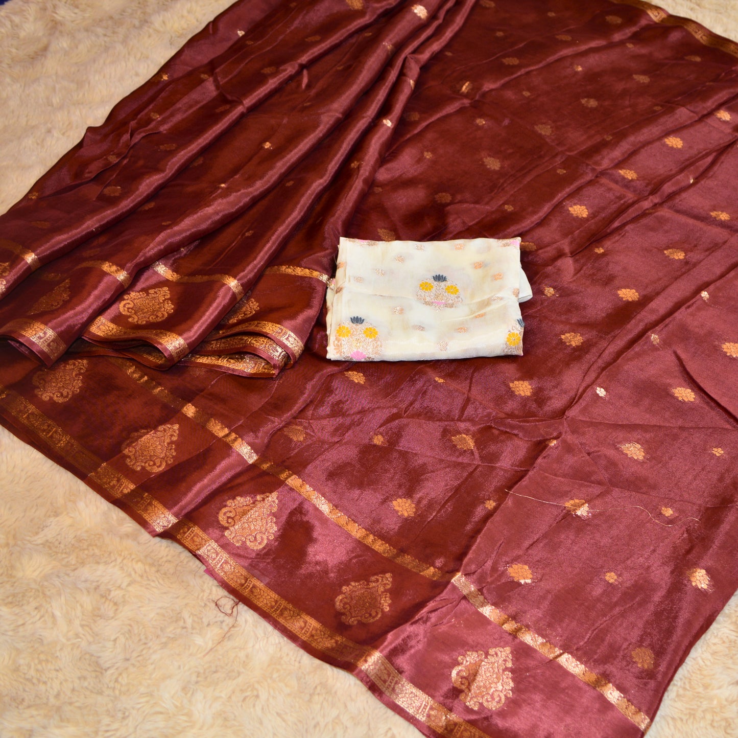 Brown Chinnon butta border saree