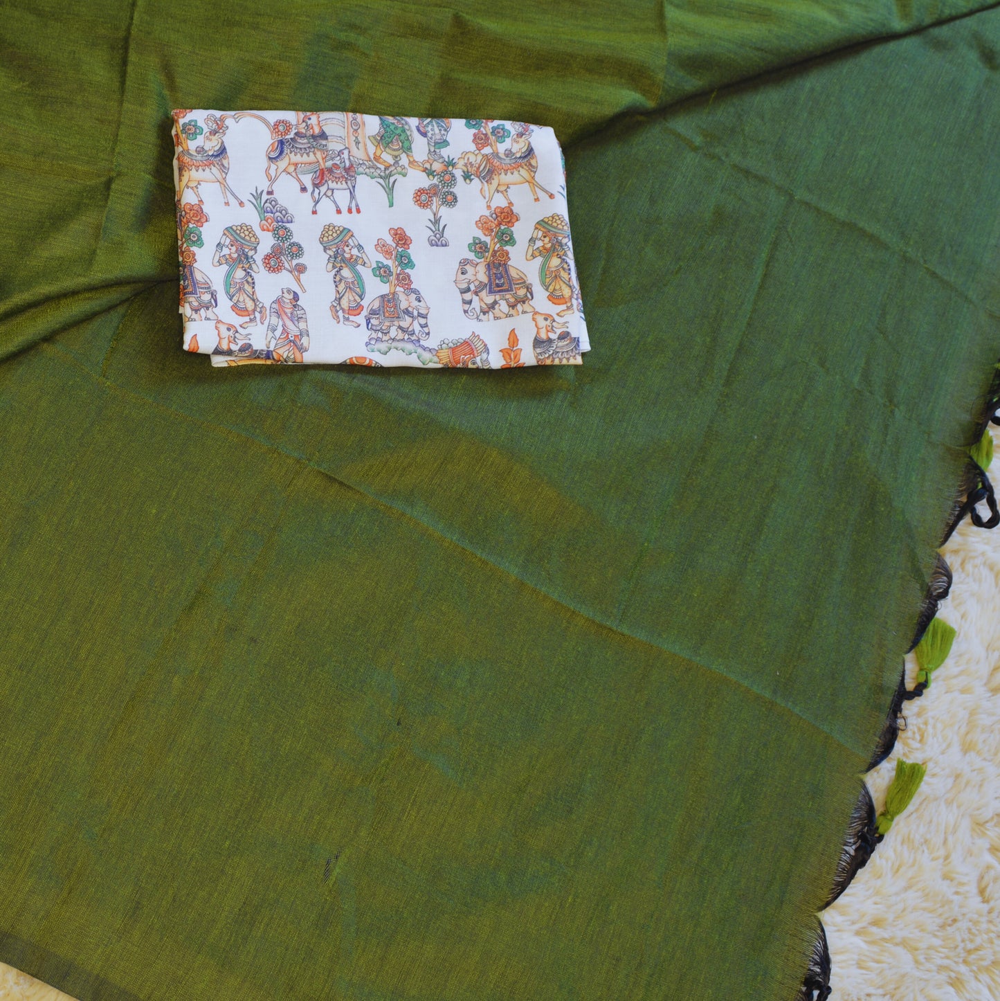green khadi cotton saree-kalamkari blouse