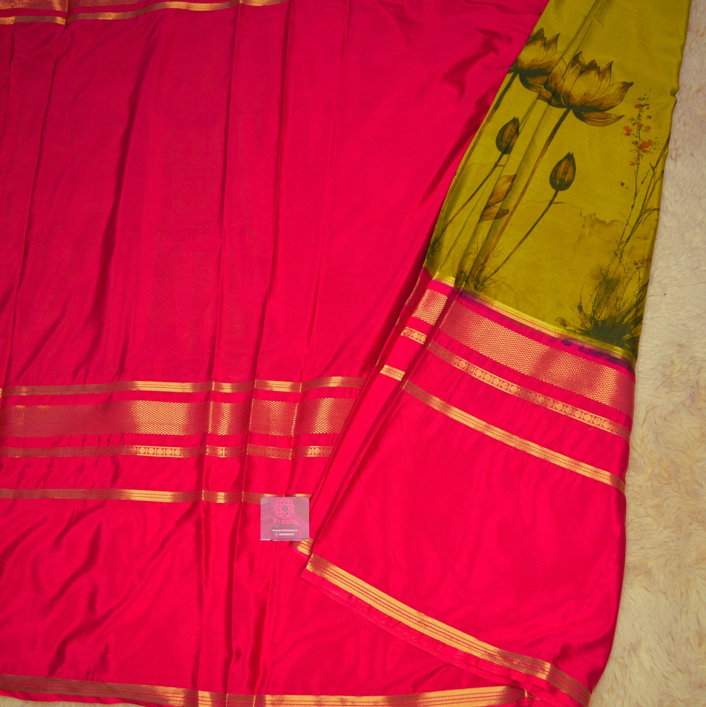 Mehandi green with pink semi mysore crepe kalamkari saree