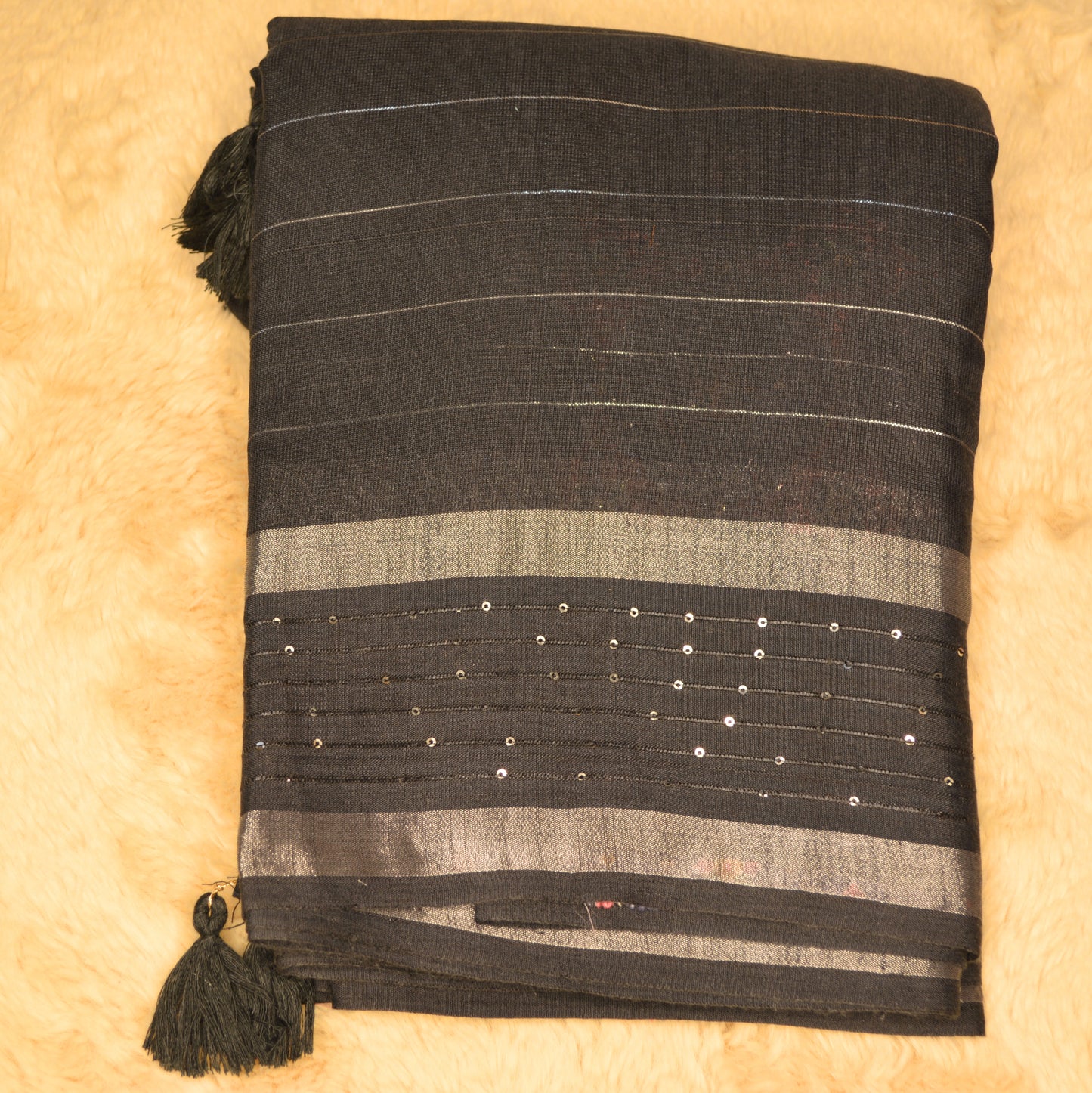 Black linen sequin work saree