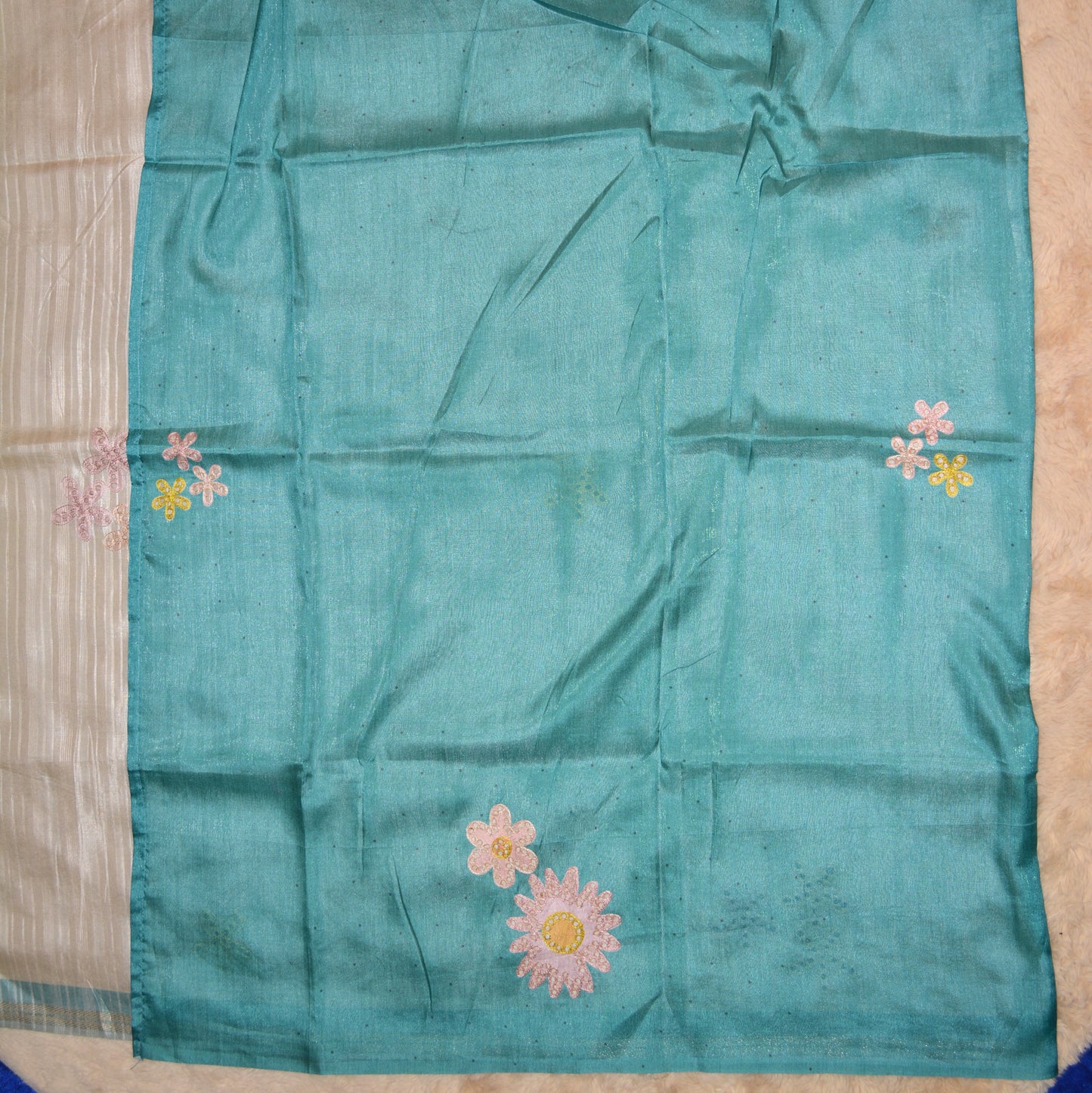 BLUE contrast tussar cutwork saree