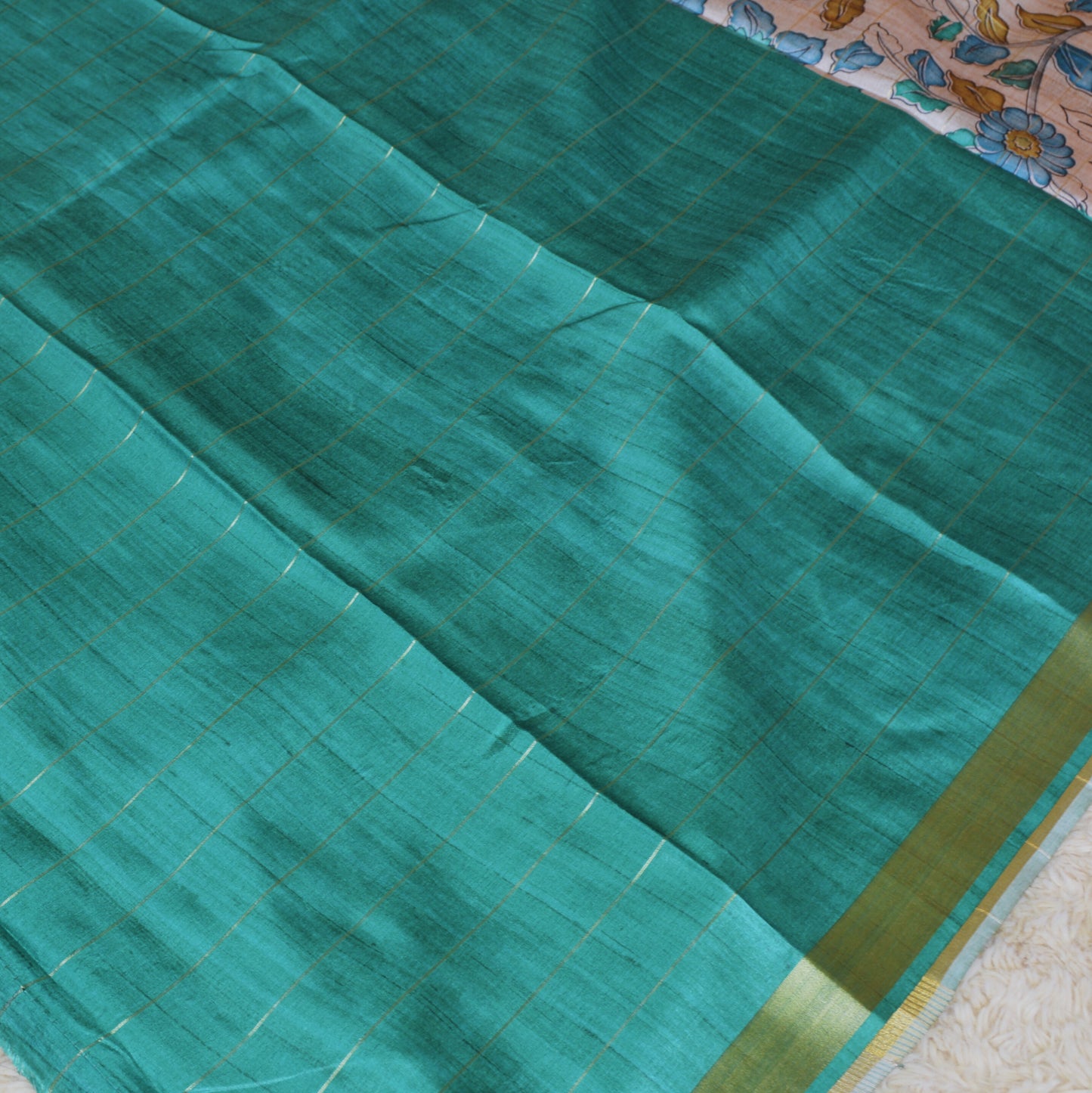 Rama green tussar checks kalamkari saree