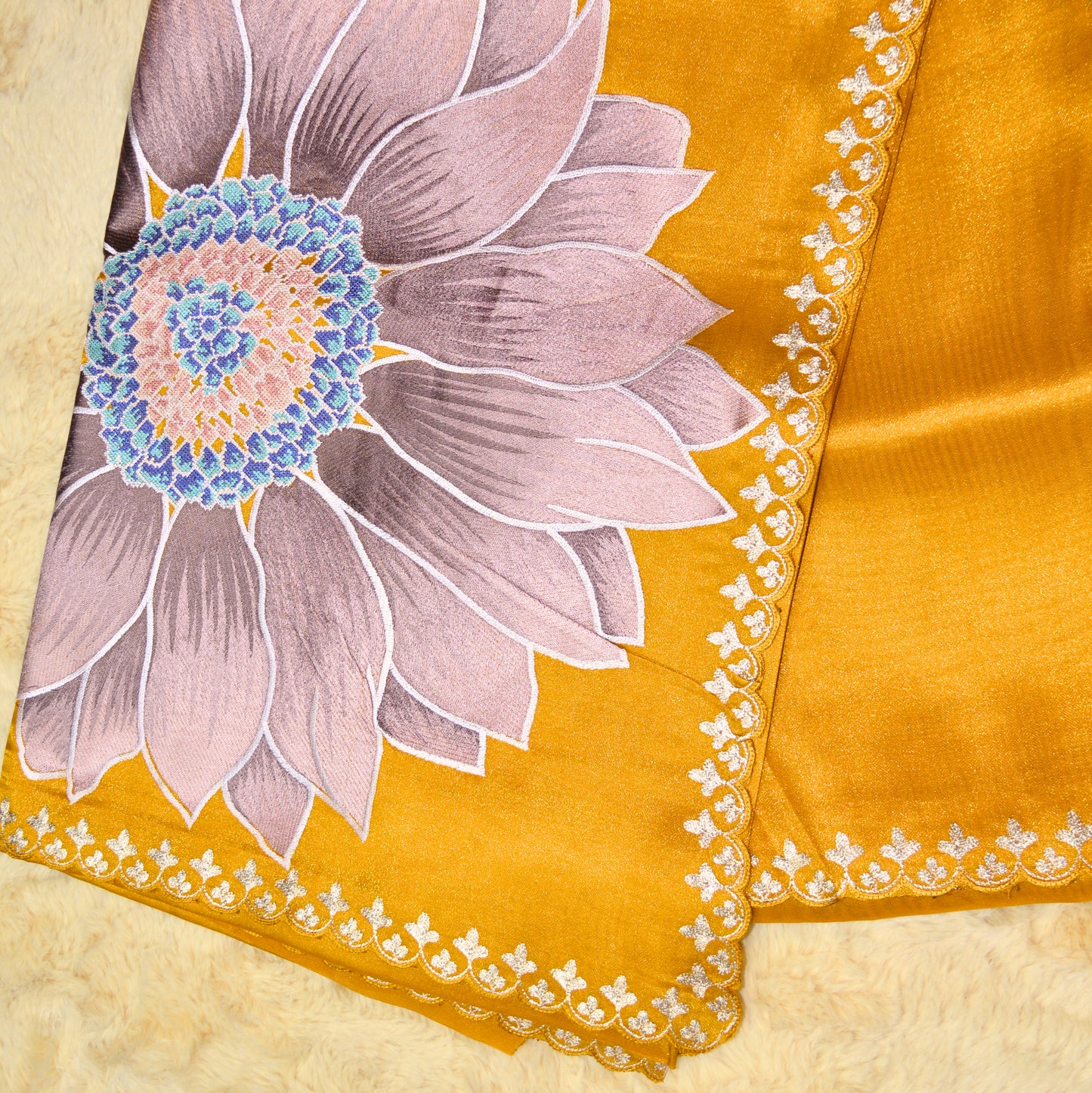 Mustard tissue lotus embroidery saree
