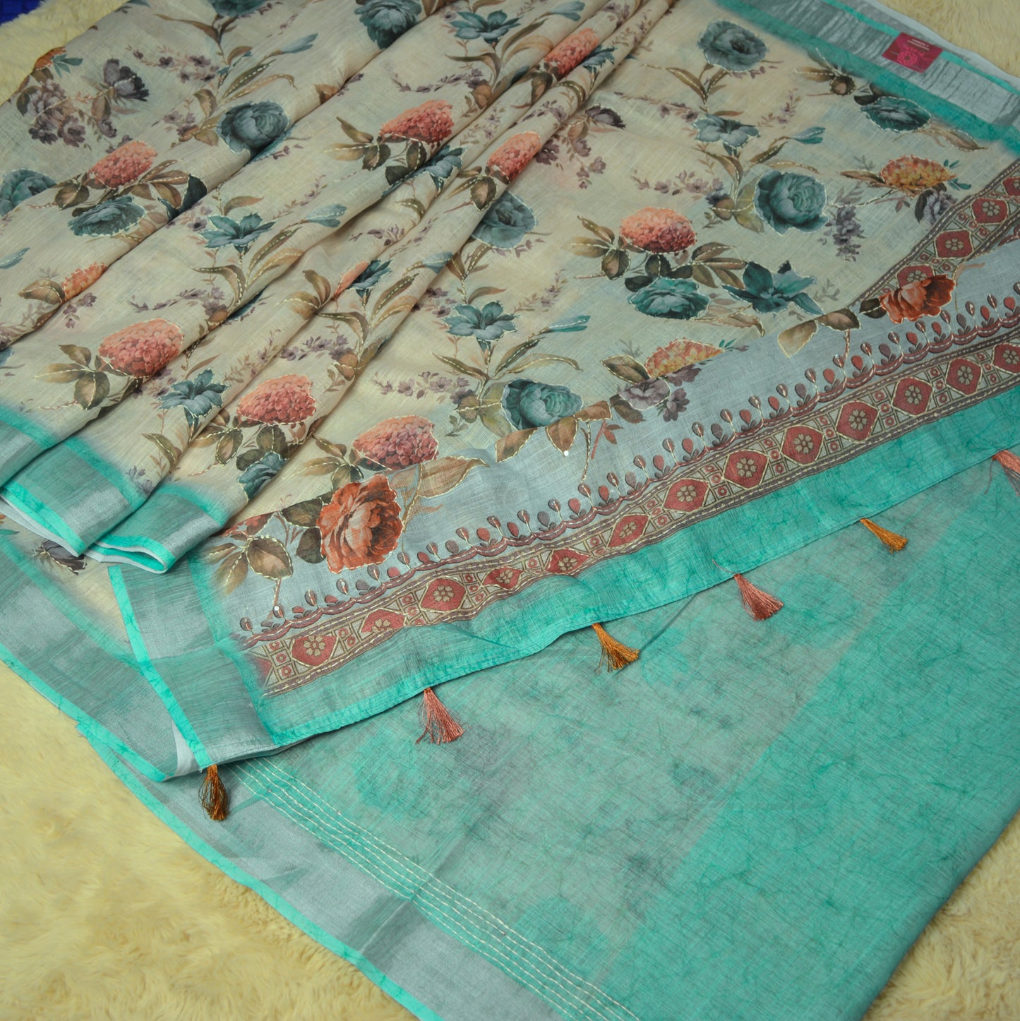 Beige and blue linen katha work digital print saree