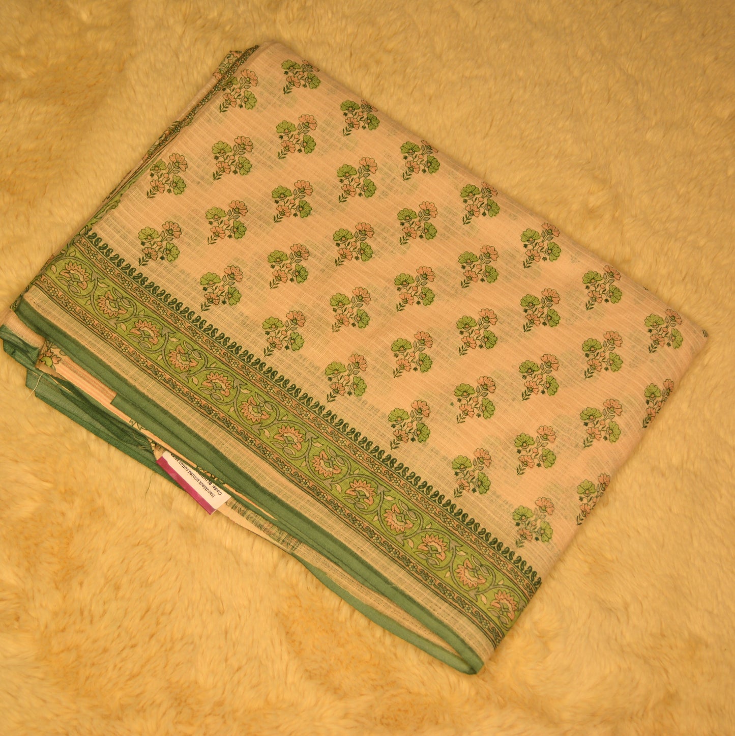 Green handblack printed cotton saree