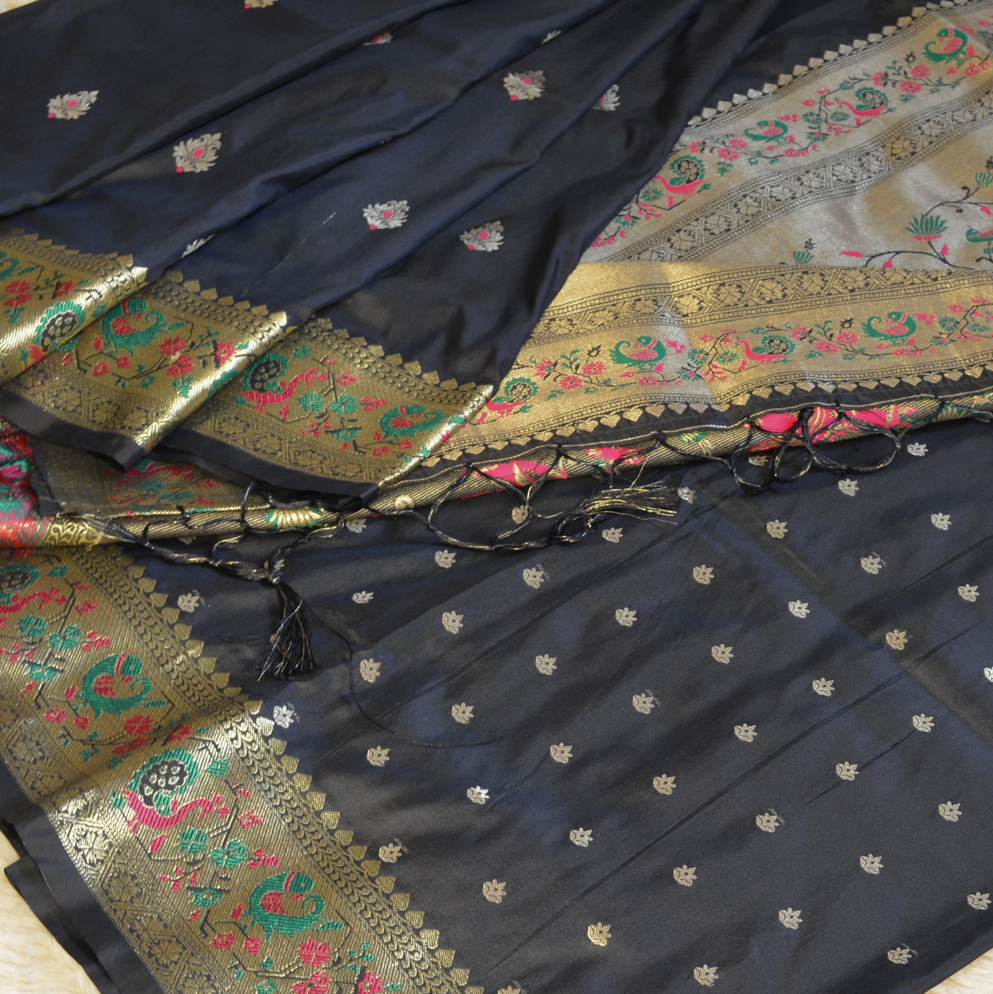 Black semi paithani silk saree