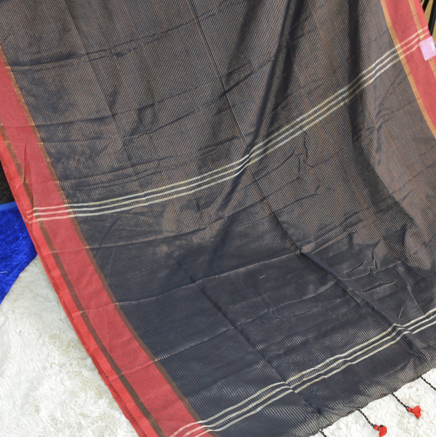 Black with red khadi cotton zari stripes saree
