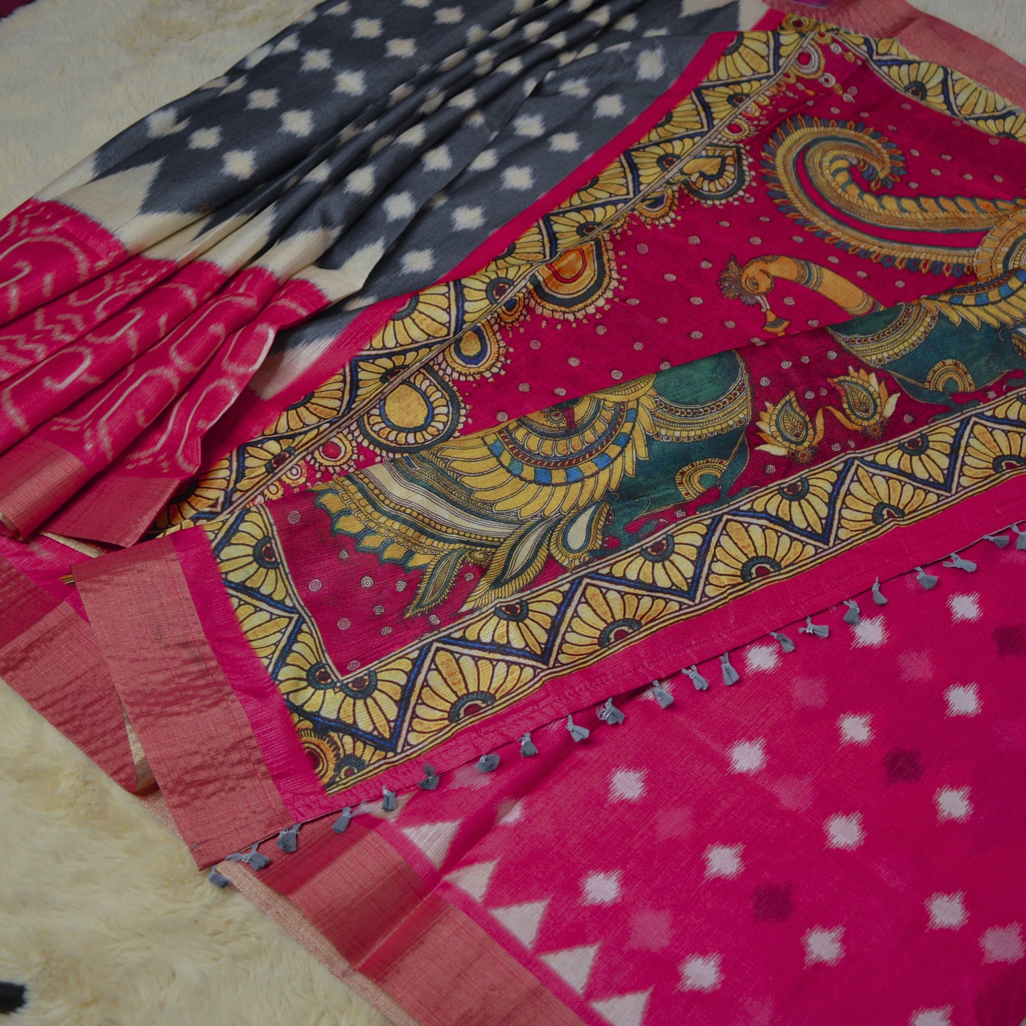 Grey and pink semi tussar ikkat print saree